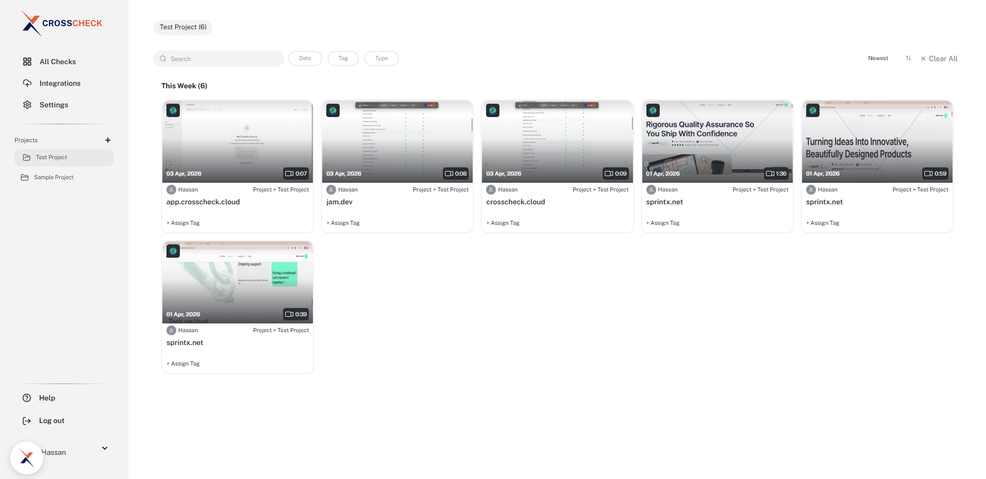 Dashboard showing the grid view with check cards