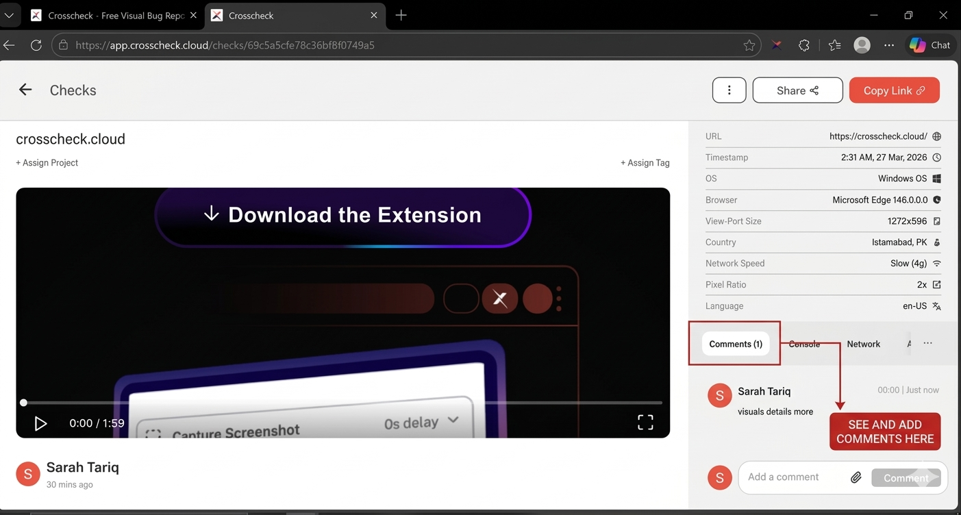 Comment input field and discussion thread on a check detail view