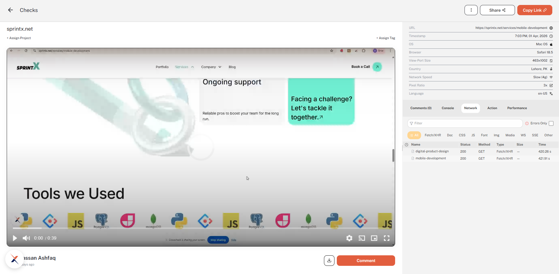 Check detail view showing the video player and devtools panel