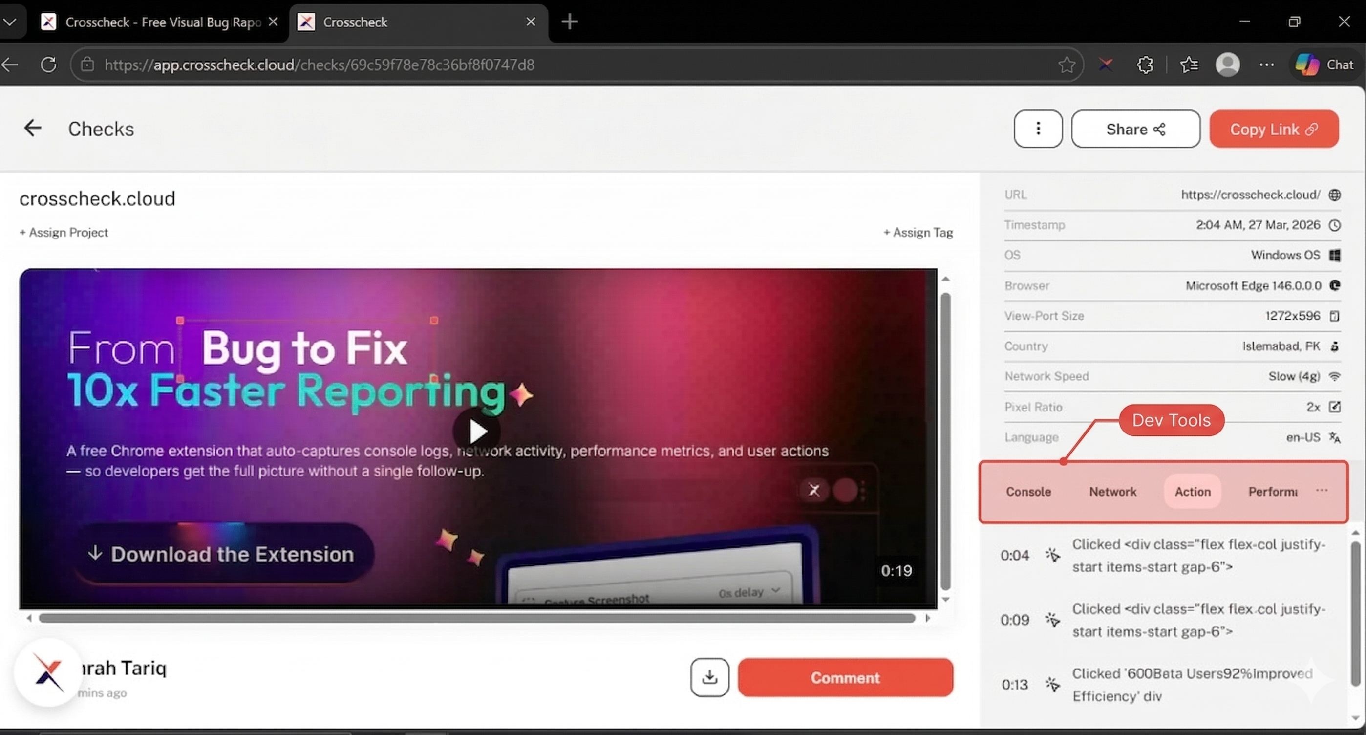 Devtools panel showing Console, Network, Actions, and Performance tabs