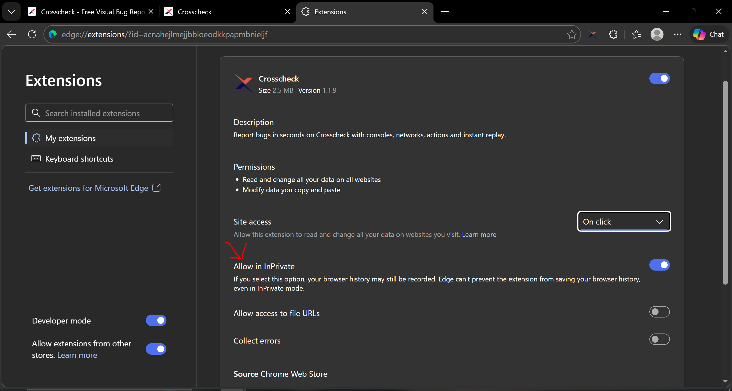Chrome extension details page with Allow in Incognito toggle highlighted