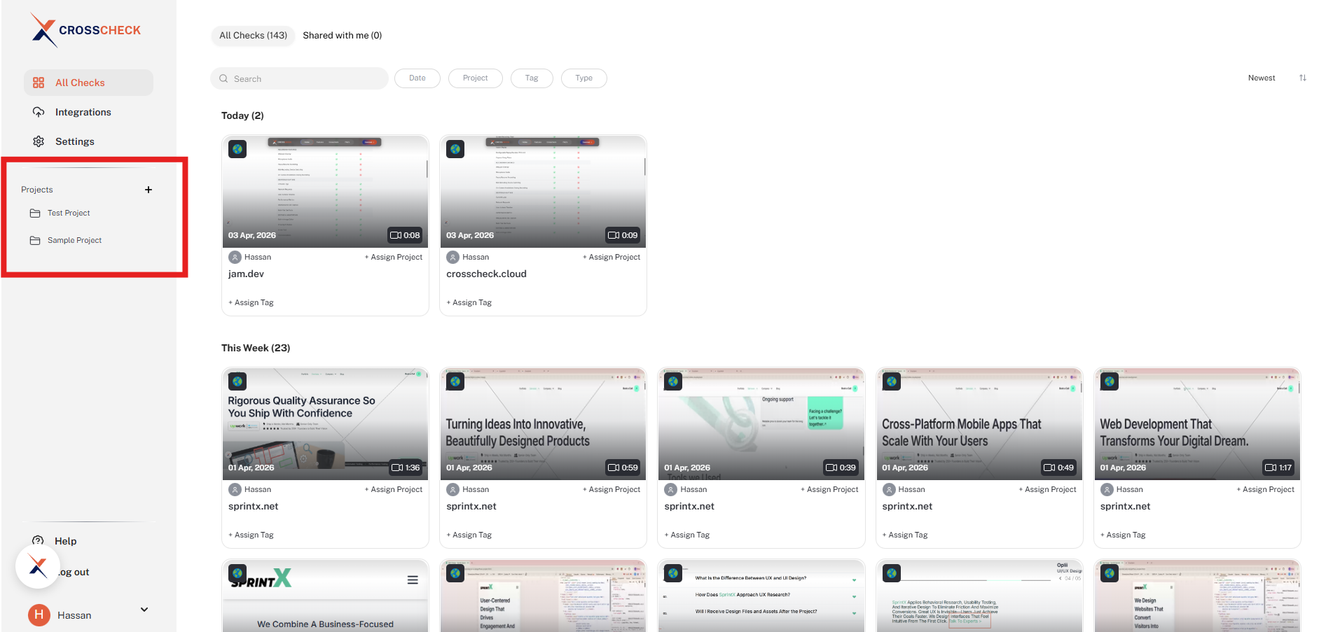 Projects list in the Crosscheck dashboard sidebar