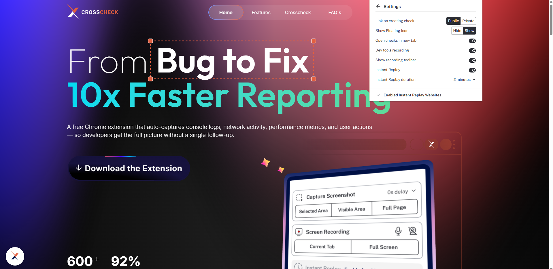 Extension settings panel showing link privacy, floating icon, DevTools recording, and Instant Replay options