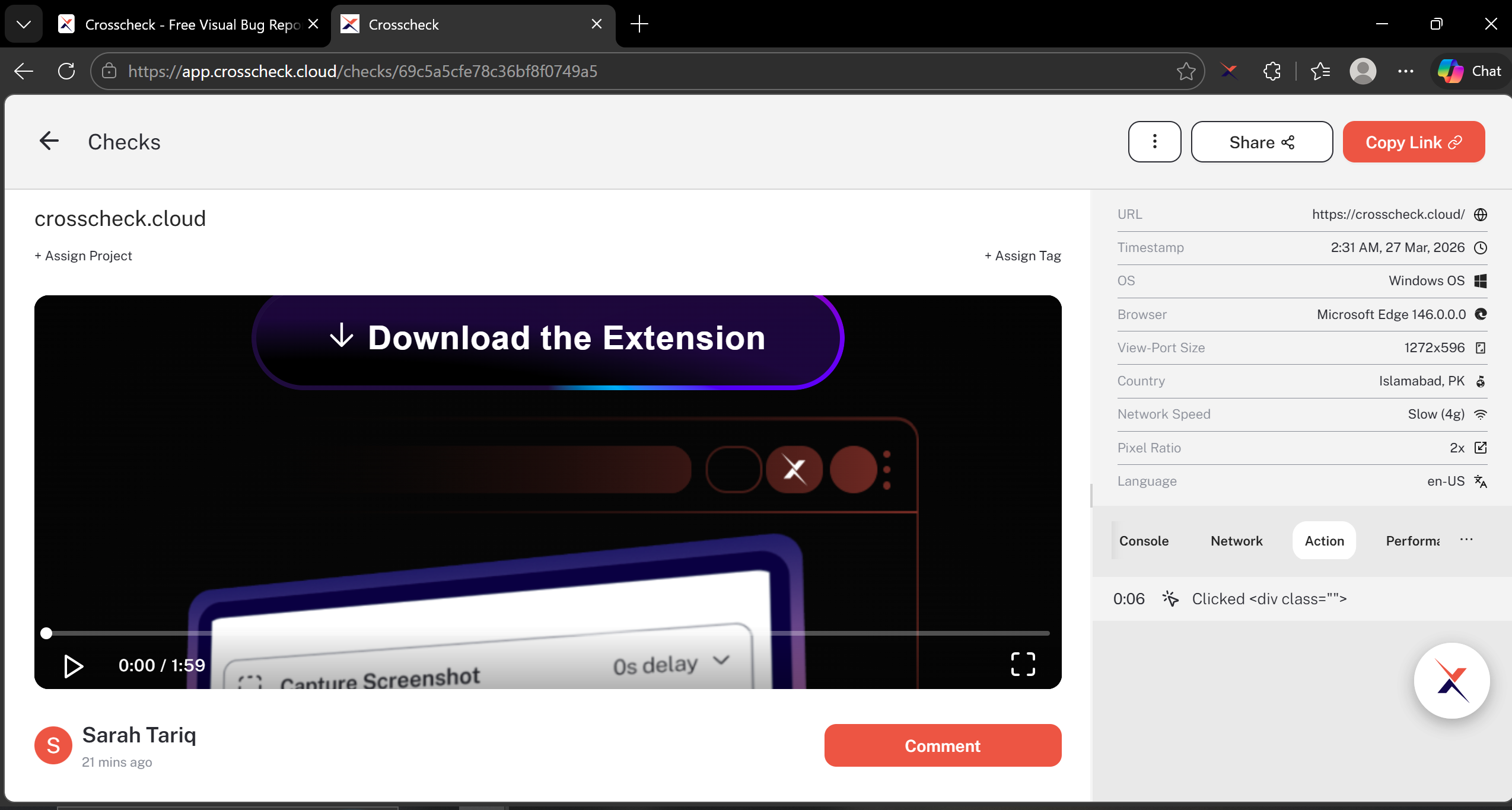 DevTools panel with Console, Network, and Actions tabs